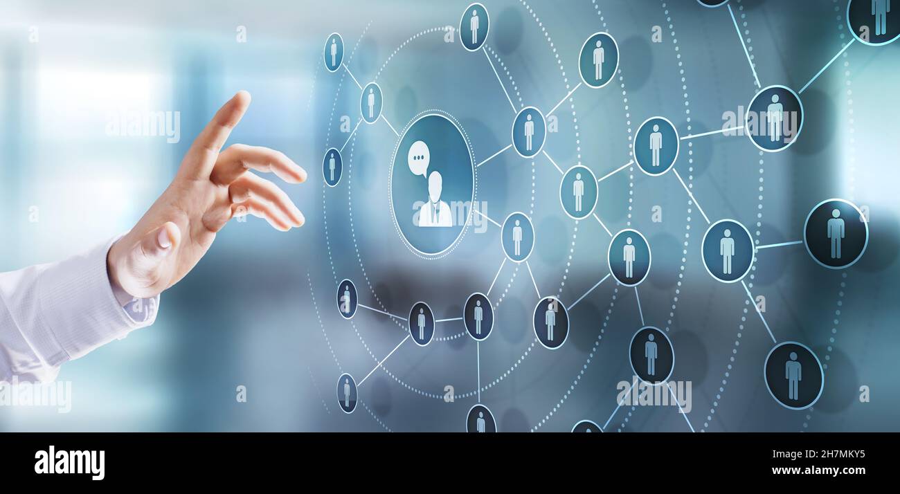 Piattaforma di social media, struttura di comunicazione con i clienti, SMM, Marketing. Internet e tecnologia aziendale. Foto Stock