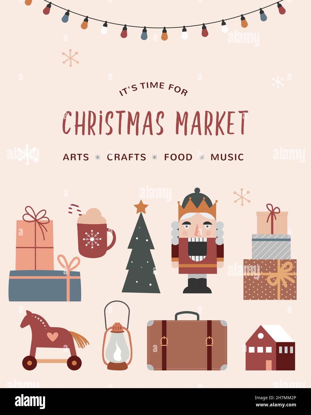 Poster di Natale in stile vintage, mercatino di Natale, Street fair concept con icone ed elementi retrò Illustrazione Vettoriale