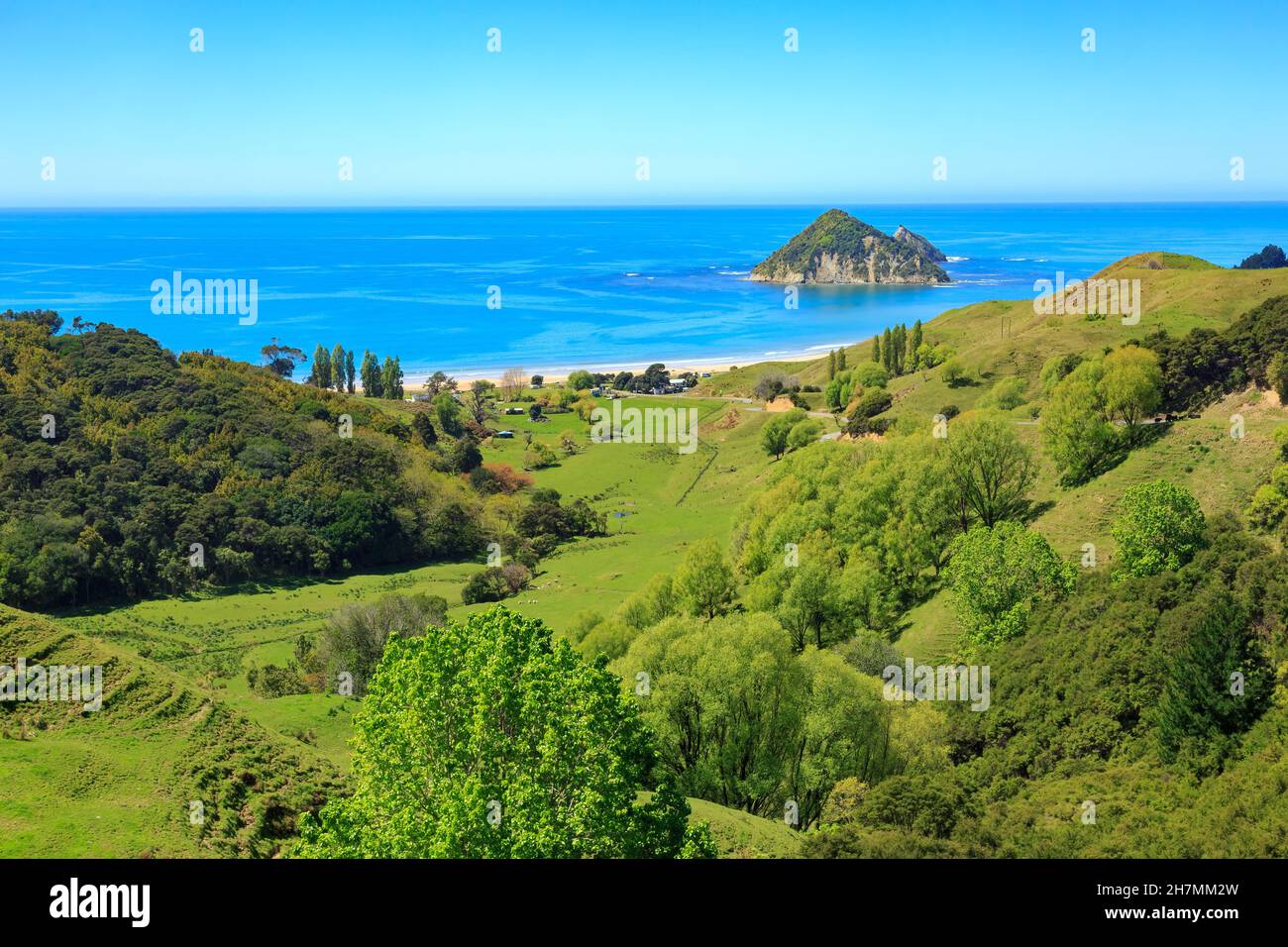 Anaura Bay, una destinazione turistica panoramica nella regione Eastland della Nuova Zelanda. Appena al largo c'è l'isola di Motuoroi Foto Stock