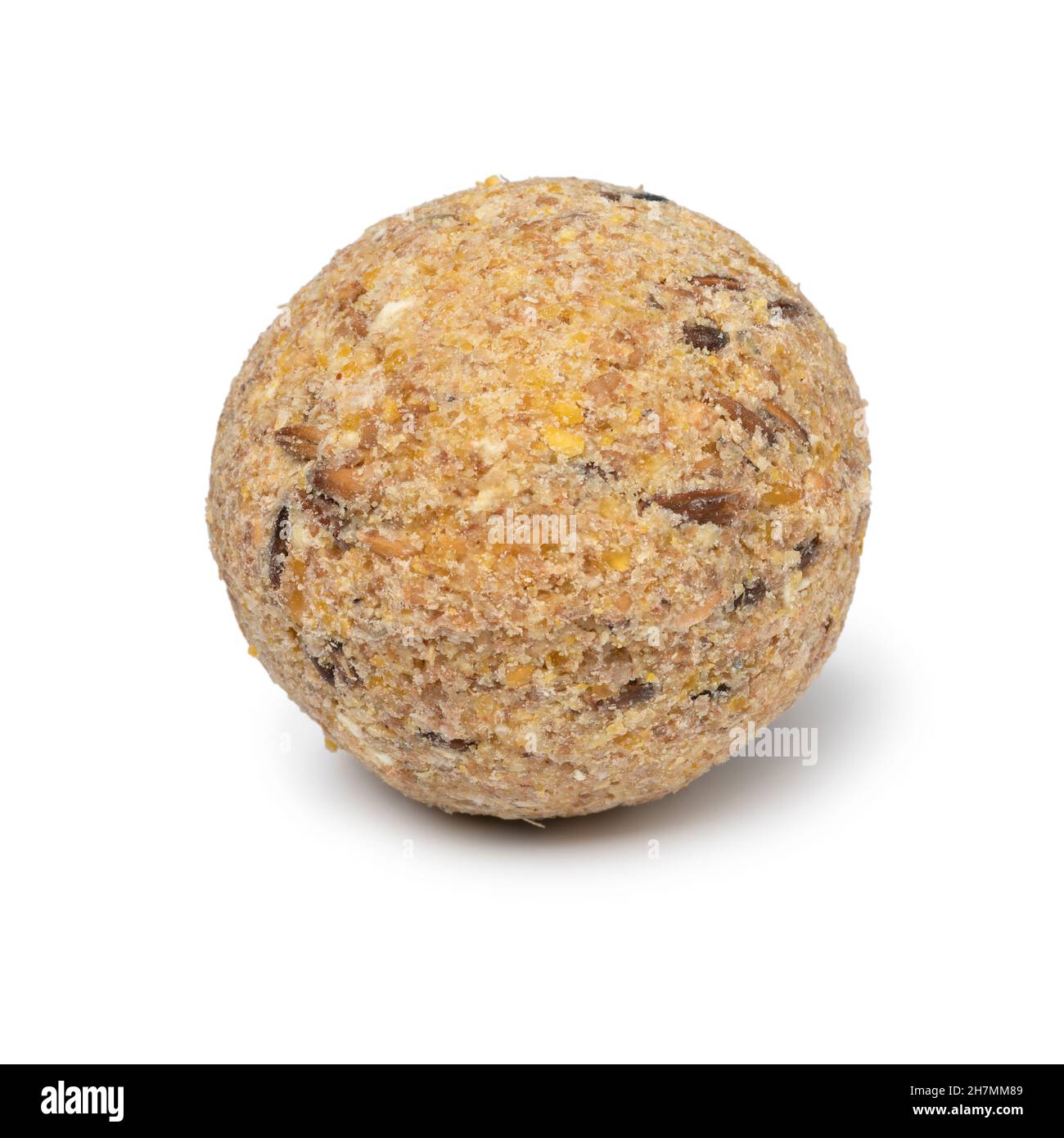 Singola palla grassa con seme come cibo invernale per uccelli fauna selvatica in primo piano isolato su sfondo bianco Foto Stock