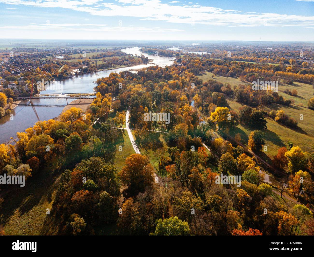 Immagine autunnale del Rotehornpark a Magdeburg, Germania. Vista sul fiume Elba e sul ponte Foto Stock