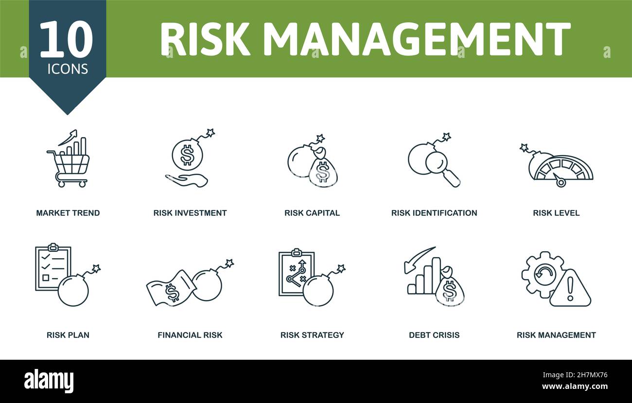 Set di icone Gestione dei rischi. Raccolta di elementi semplici quali l'andamento del mercato, gli investimenti di rischio, il capitale di rischio, la strategia di rischio, la crisi del debito, pioggia Illustrazione Vettoriale