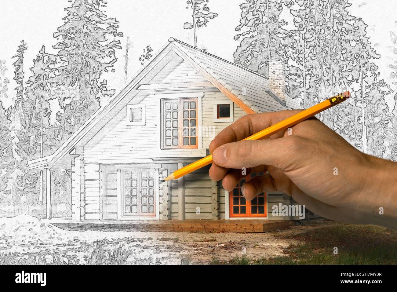 disegno di progetto della casa - l'architetto disegna la loggia di legno con la matita Foto Stock