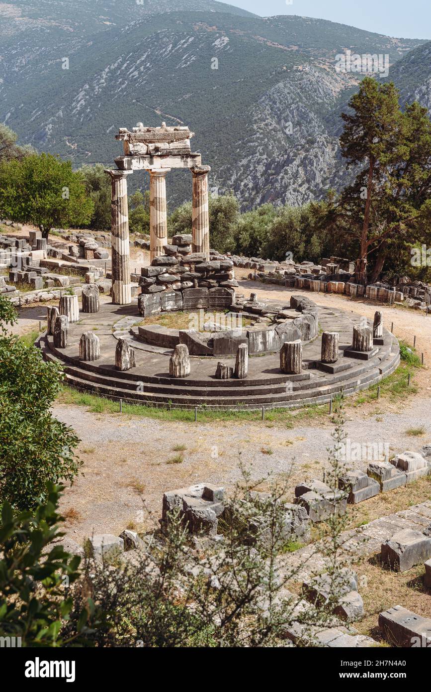 Athena Pronaia Tempio, Delfi antica, Delfi, Grecia Foto Stock