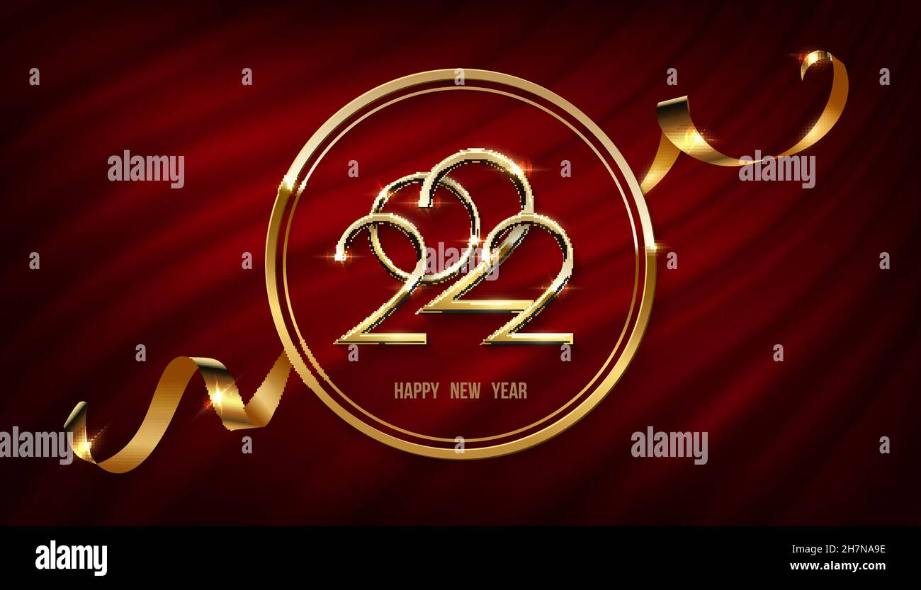 2022 Happy New Year banner modello di immagine vettoriale. Golden 2022 numero in oro cornice rotonda con glitter e nastro su drappeggio di rosso cur Illustrazione Vettoriale