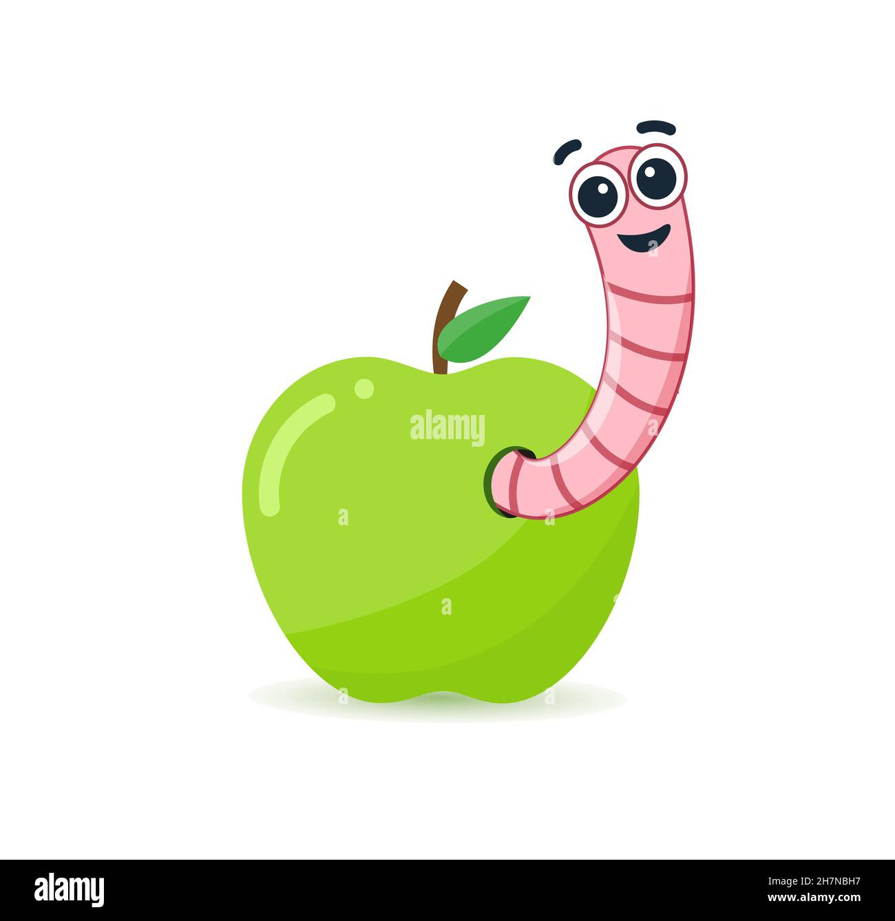 mela verde con vermi. Il worm è un personaggio cartoon che esce da una mela. Illustrazione Vettoriale