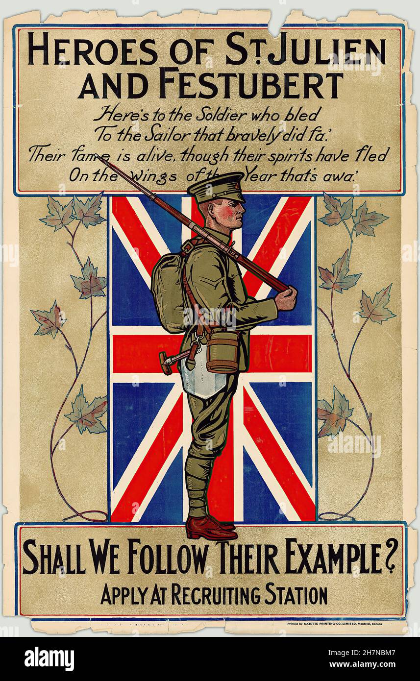 Gli eroi di San Giuliano e Festubert li seguiranno Esempio si applica alla Stazione di reclutamento - Propaganda della prima Guerra Mondiale Poster Foto Stock