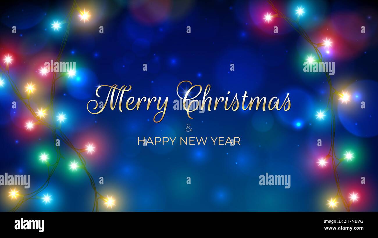 Buon Natale e felice biglietto di auguri per le vacanze di Capodanno. Colorate luci di natale. Splendente terreno di Natale. Scritta in oro. Luci accese su bac blu Illustrazione Vettoriale