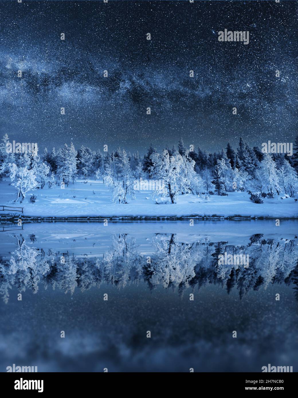 Notte invernale fata. Paesaggio con la via lattiginosa e gli alberi nevosi che si riflettono in una notte di lago in inverno. Foto Stock