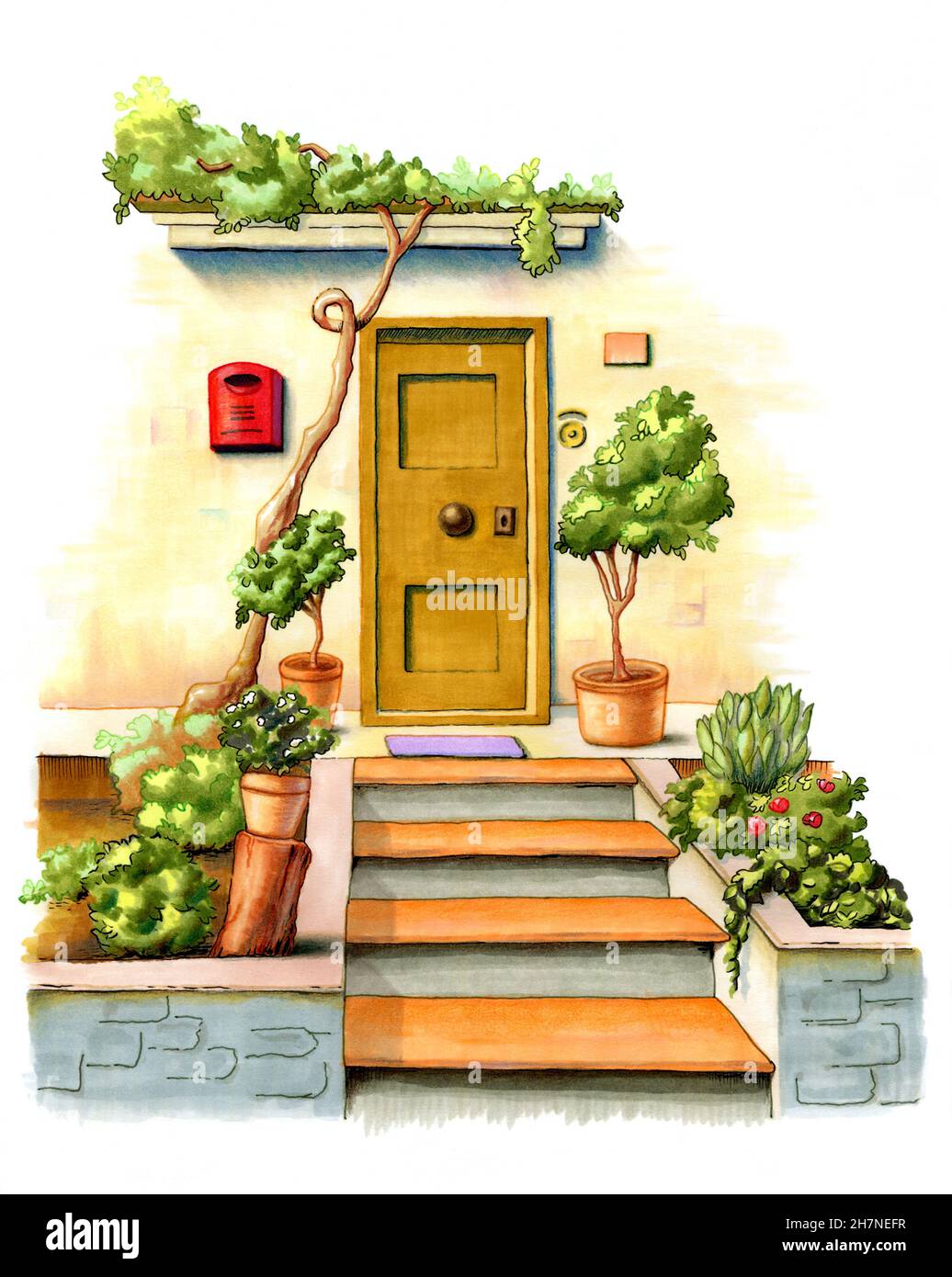Porta anteriore di una casa rurale, con alcuni gradini e vegetazione decorativa. Illustrazione tradizionale su carta. Foto Stock