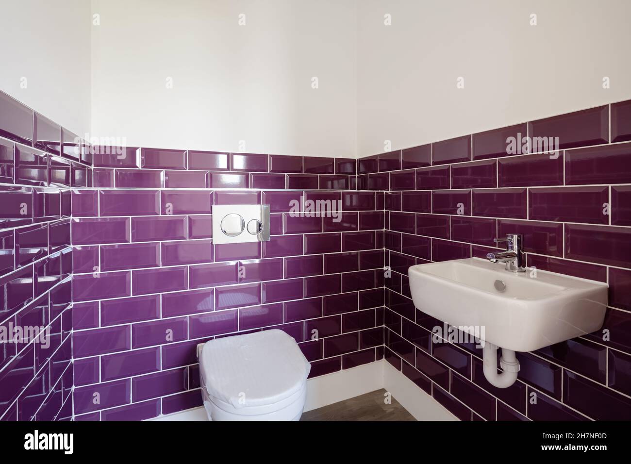 Bagno generico con piastrelle a contrasto viola di colore audace, wc e lavabo Foto Stock
