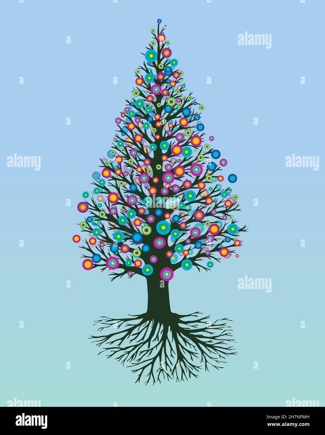Un'illustrazione vettoriale di un albero di vita o yggdrasil con astratto arcobaleno rotondo fiori. L'albero ha una forma appuntita. Illustrazione Vettoriale