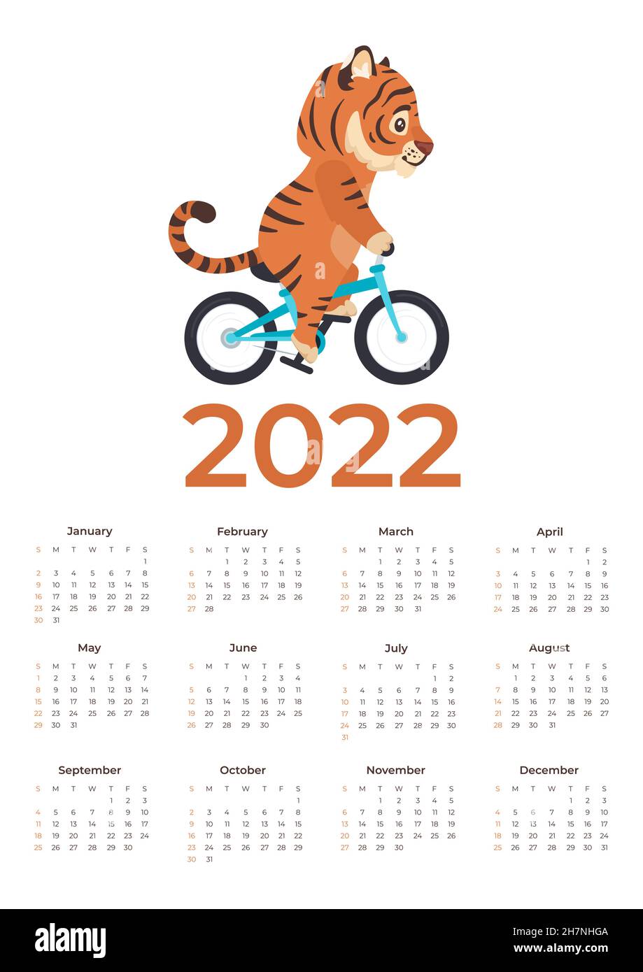 Modello di calendario vettoriale cartoon 2022 con simpatica tigre Illustrazione Vettoriale