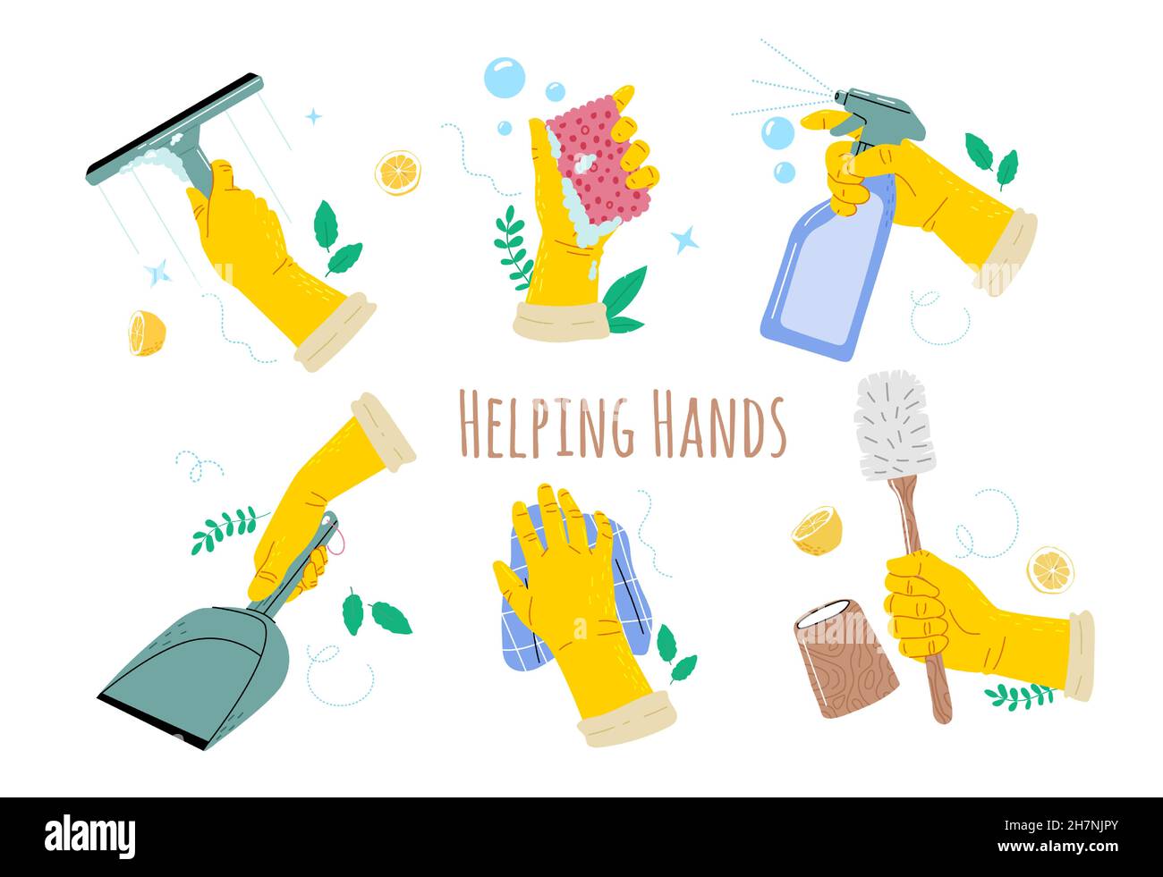 Mani in guanti gialli che tengono un pulisce gli attrezzi spazzola della toletta, spugna, spruzzi di finestre, domestico, pulitore di finestre, scraper.pulitori naturali senza chem Illustrazione Vettoriale