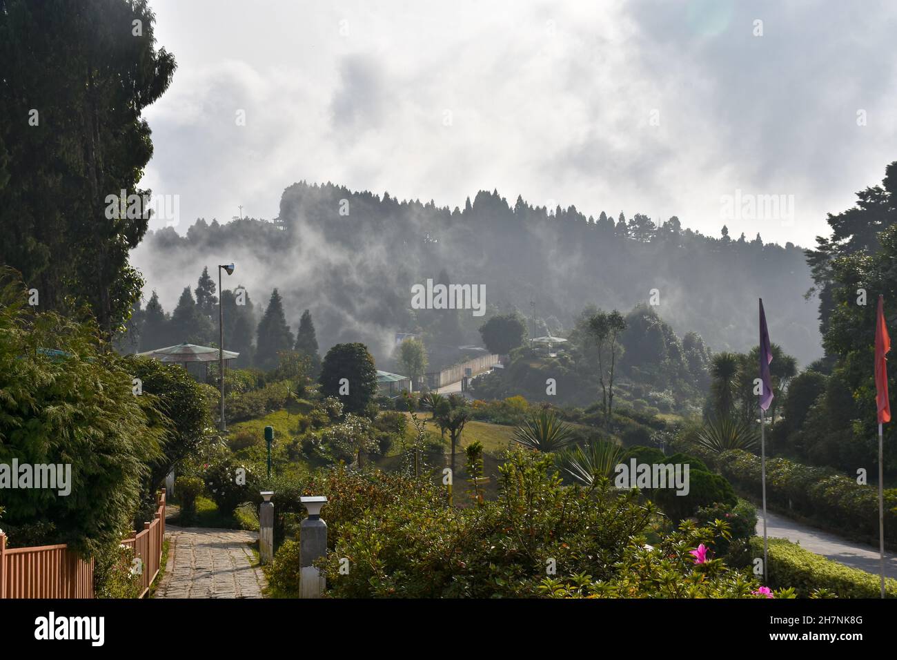 Pittoresco paesaggio di montagna con vista panoramica delle montagne nebbia. Nuvole e verde foresta di montagna. Foto Stock