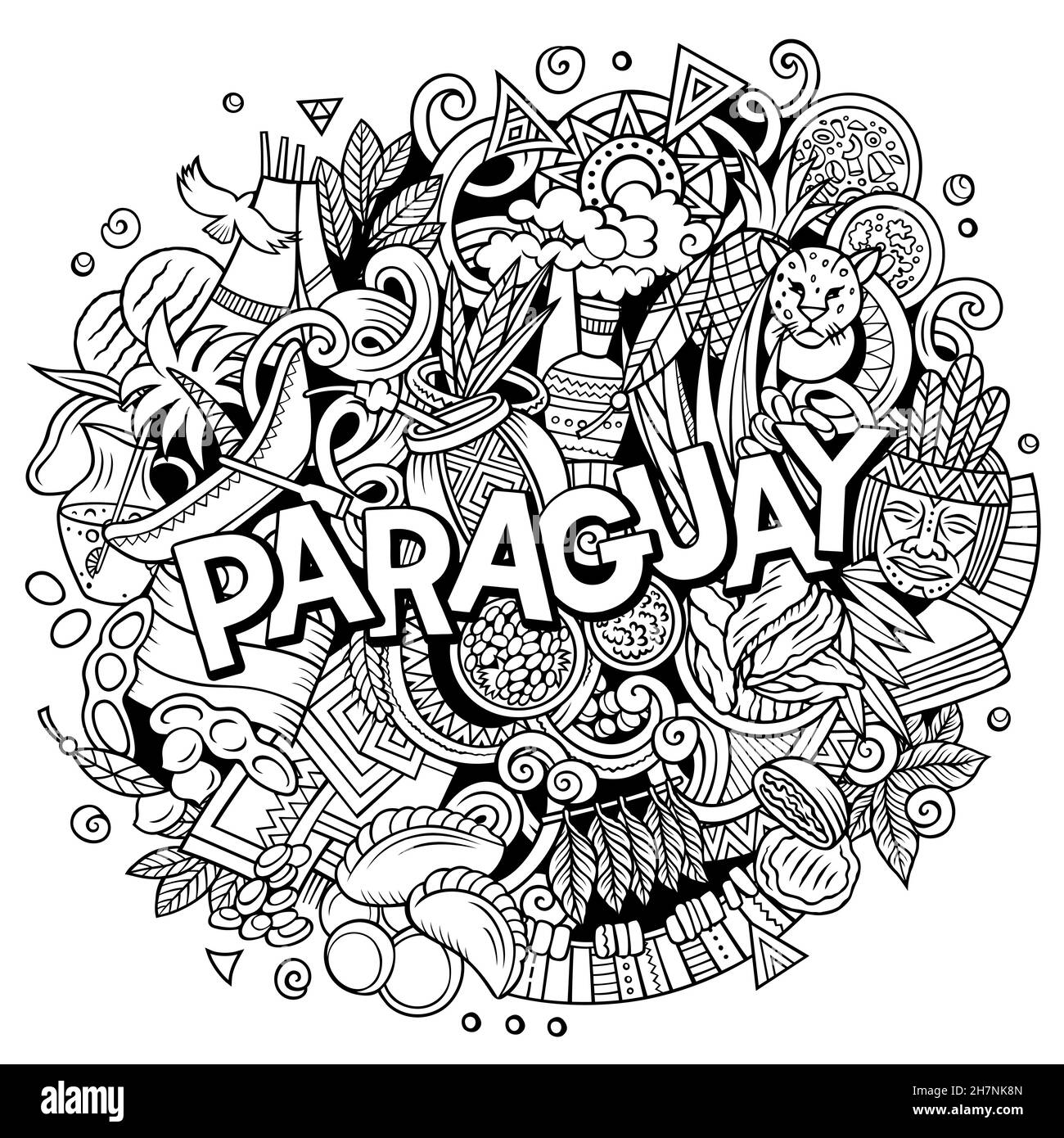 Paraguay illustrazione di fumetto disegnata a mano. Divertente design locale. Sfondo vettoriale creativo. Testo scritto a mano con elementi latinoamericani e obj Illustrazione Vettoriale