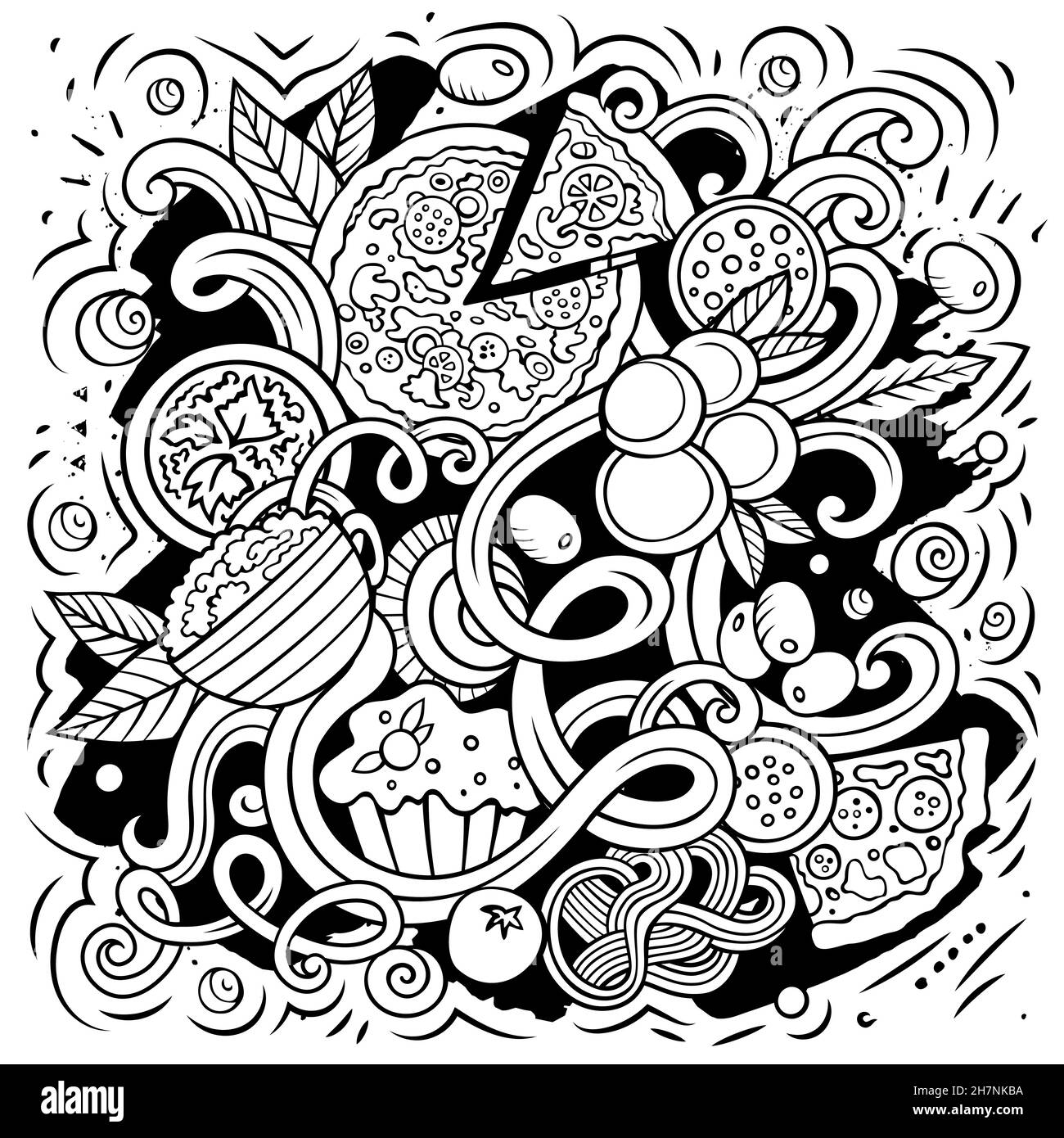 Cartoon vettore Doodles Italian Food illustrazione. Abbozzata, dettagliata, con molti oggetti di sfondo. Tutti gli oggetti si separano. Italia cucina divertente Pictur Illustrazione Vettoriale