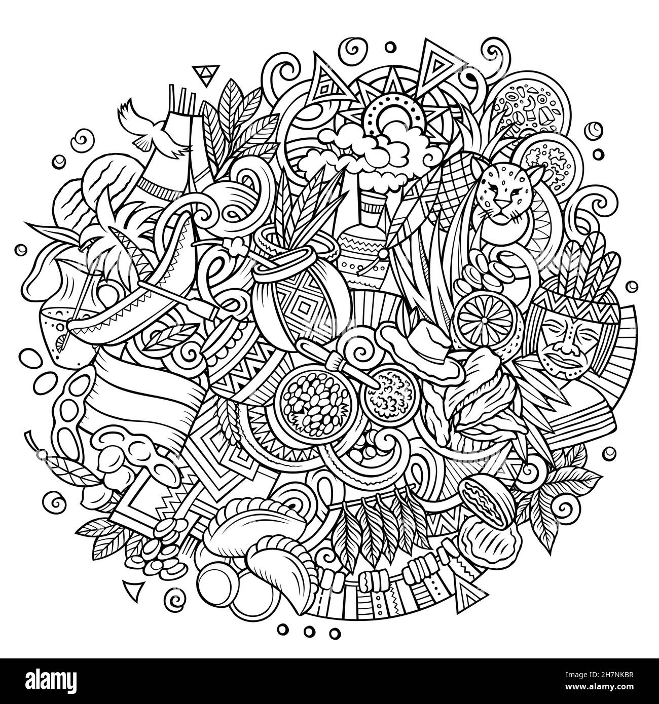 Paraguay disegno a mano cartoon doodles illustrazione. Divertente design da viaggio. Sfondo vettoriale creativo. Elementi e oggetti del paese dell'America Latina. Illustrazione Vettoriale
