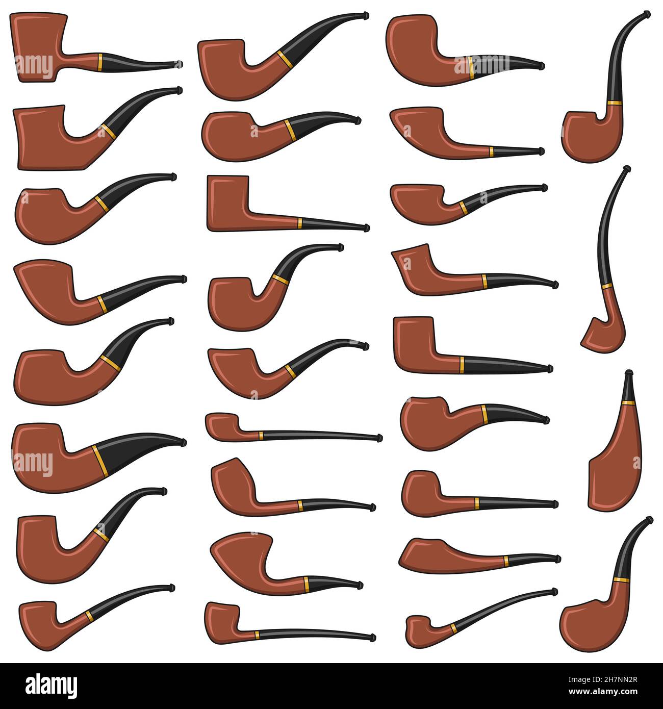 Set di illustrazioni a colori con tubi fumanti di forme e tipi diversi. Oggetti vettoriali isolati su sfondo bianco. Illustrazione Vettoriale