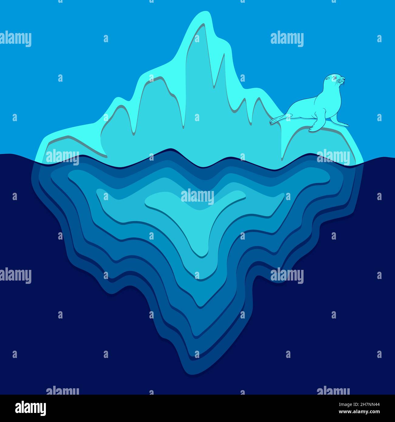 Illustrazione con iceberg e sigillo in pelliccia. Sfondo colorato vettoriale. Illustrazione Vettoriale
