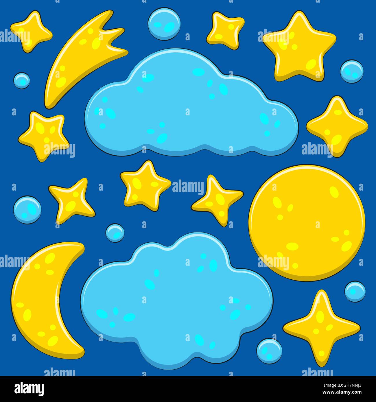 Insieme di immagini luminose con il cielo notturno, la luna, le stelle, le nuvole. Oggetti vettoriali a colori isolati. Illustrazione Vettoriale