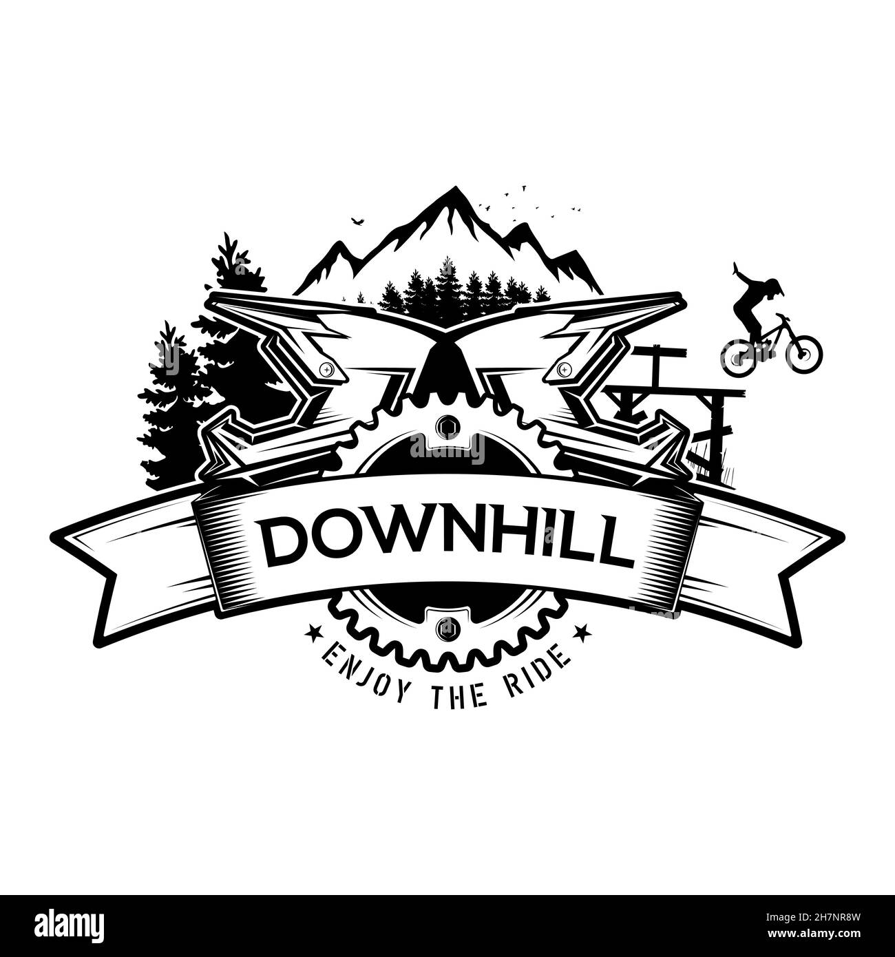 Discesa in mountain bike. L'emblema della bicicletta e delle montagne. Concetto per camicia o logo, stampa, timbro o tee. Illustrazione vettoriale. Illustrazione Vettoriale