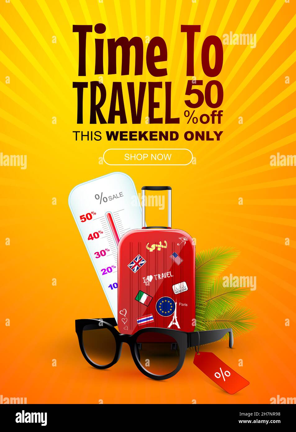 Viaggio e vendita di posti vacanti banner o sconto coupon.Travelling borsa  con souvenir occhiali da sole e piante tropicali. Design verticale.  Illustrazione vettoriale Immagine e Vettoriale - Alamy
