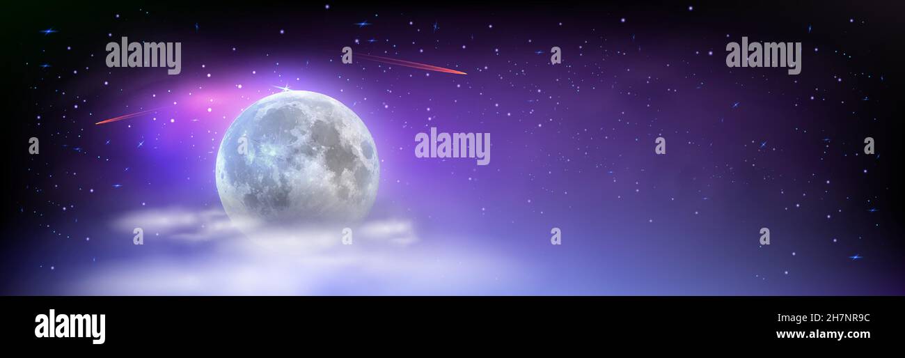 Bella ampia immagine di spazio con luna piena nascosta dietro le nuvole. Cielo notturno mistico con comete di stelle e via lattiginosa. Illustrazione vettoriale. Illustrazione Vettoriale
