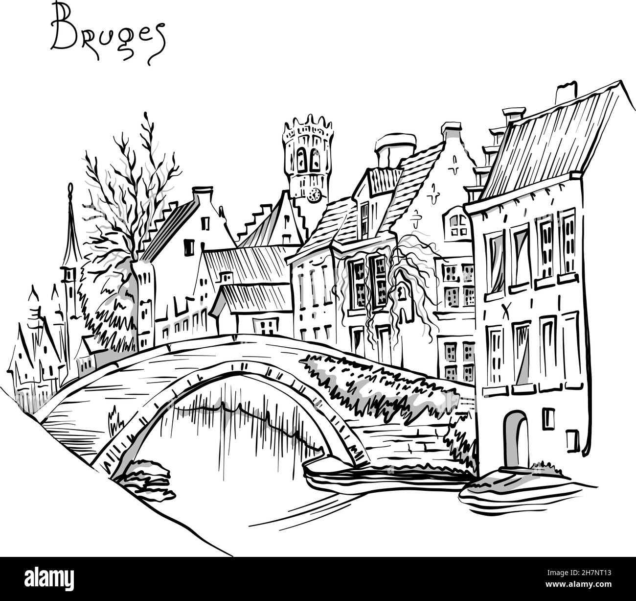 Vector Urban schizzo del canale di Bruges Steenhouwers con il Belfry e belle case medievali, Belgio Illustrazione Vettoriale