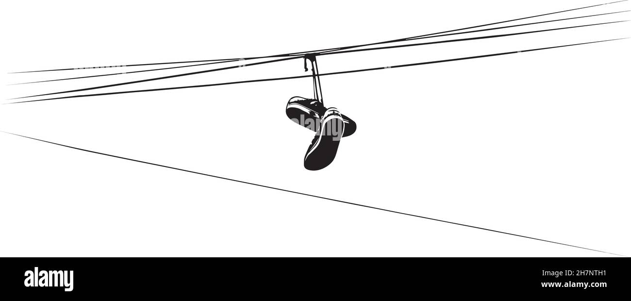 Calzata delle scarpe. Silhouette di sneakers su linee elettriche. Immagine vettoriale. Illustrazione Vettoriale