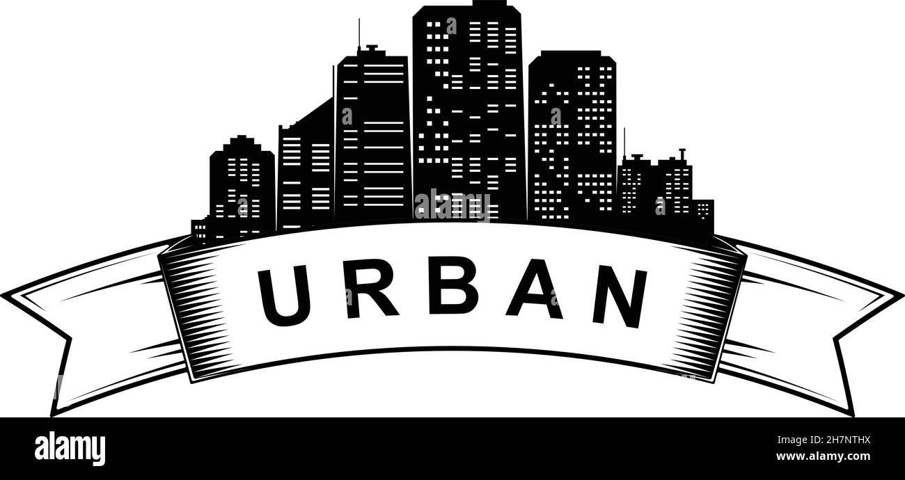 Modello di logo Urban. Profilo dello skyline della città. Vettore Illustrazione Vettoriale