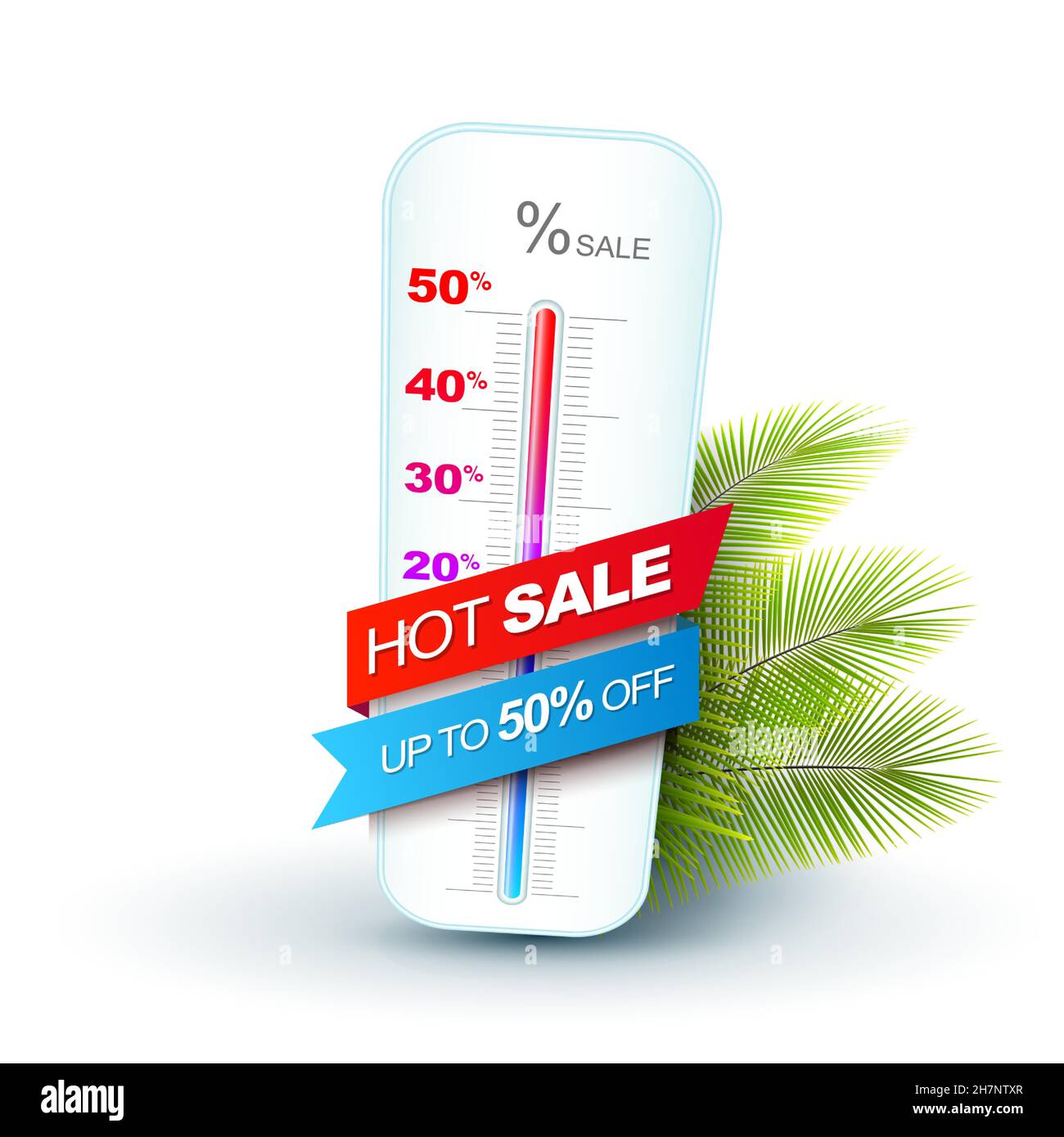 Concetto di vendita a caldo con termometro mostra percentuale di sconto Creative estate banner sconto con foglie di plam. Illustrazione Vettoriale