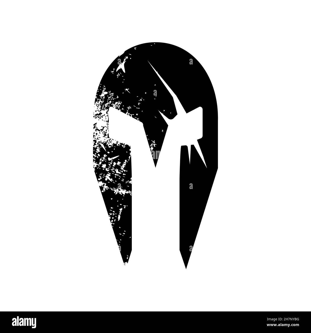 Silhouette di casco spartiano con cicatrici a spada. Illustrazione vettoriale isolata su sfondo bianco. Illustrazione Vettoriale