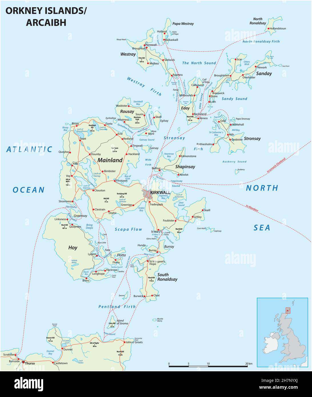 Mappa stradale dettagliata delle Isole Orkney con etichettatura, Regno Unito Illustrazione Vettoriale