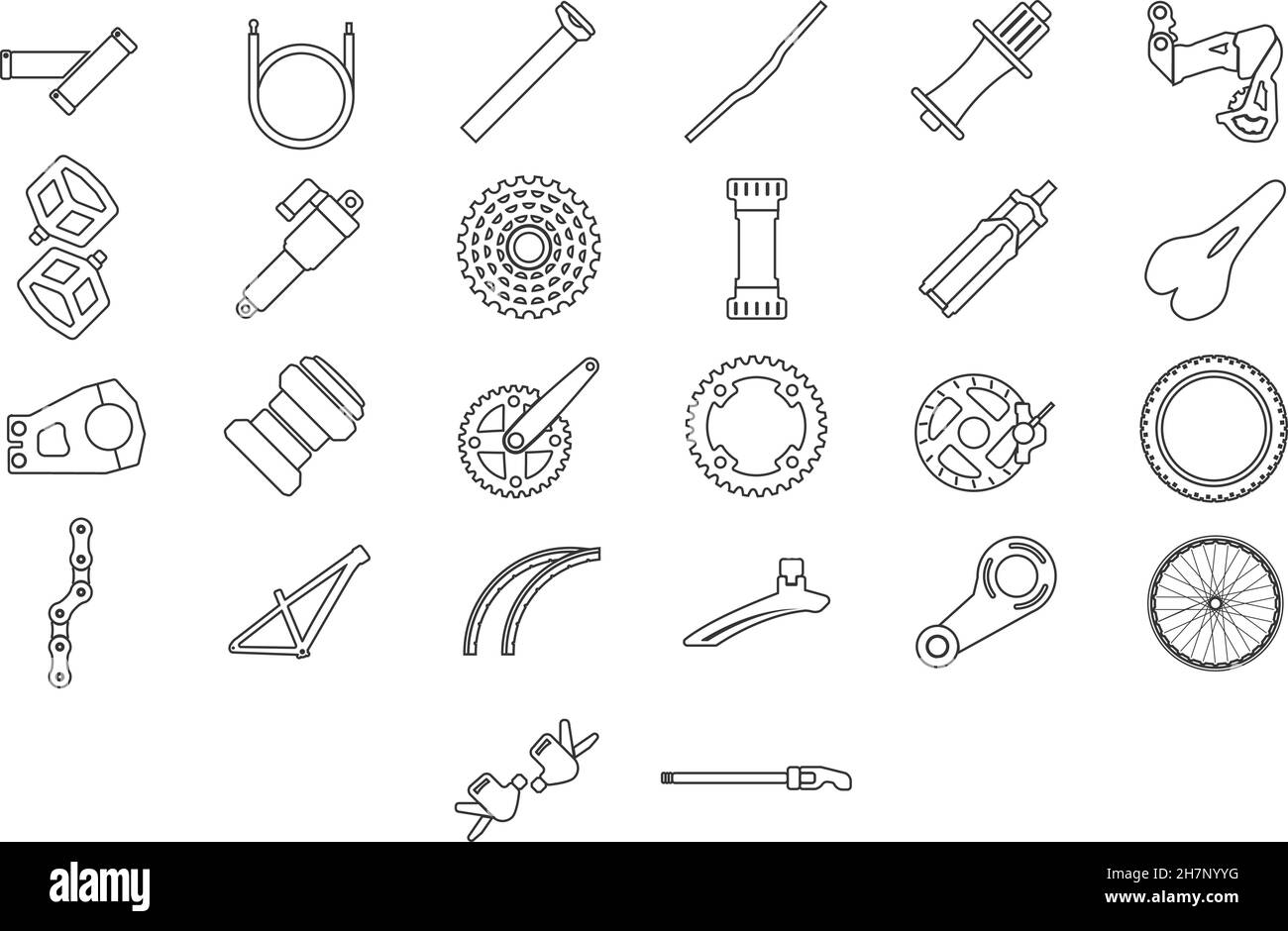 Icone componenti e parti biciclette per il menu eshop. Illustrazione Vettoriale