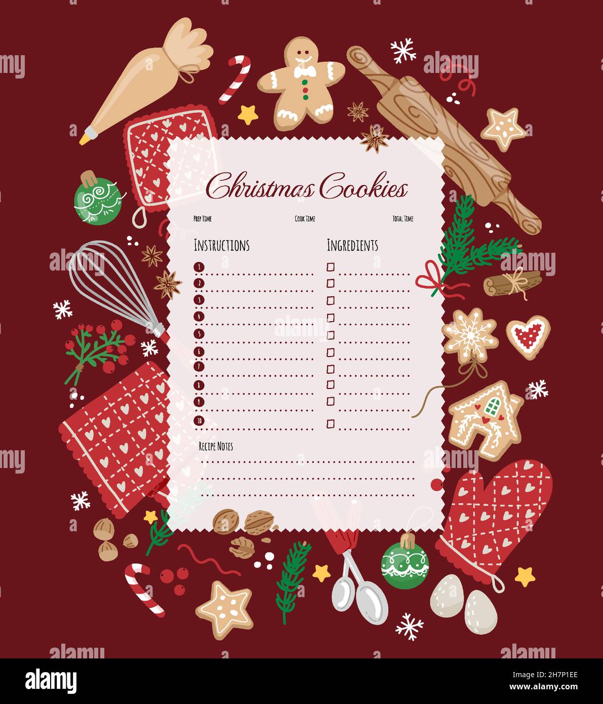 Modello di ricette di Natale per banner, web design, background brochure.Red con ingredienti per la cottura di Natale ed elementi di design. Illustrazione Vettoriale