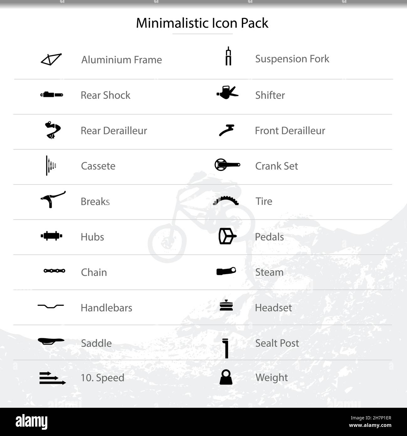 Icone componenti e parti biciclette per il menu eshop. Illustrazione Vettoriale
