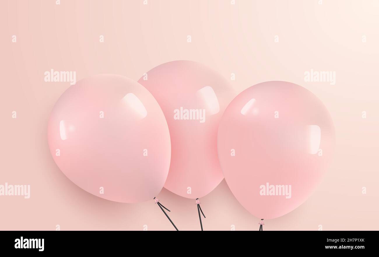Tre palloncini partito con spazio vuoto per la pubblicità su sfondo rosa pastello. Immagine vettoriale realistica. Illustrazione Vettoriale
