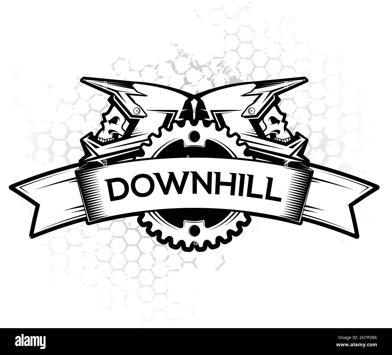 Logo con anello a catena a nastro e casco integrale. Downhill Motocros Label Design. Discesa, Freeride, Enduro, MTB. Ilustration vettore. Illustrazione Vettoriale