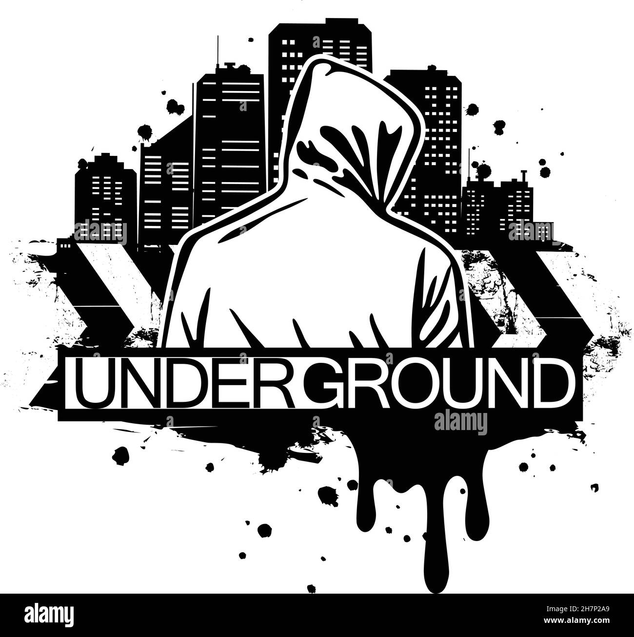 Illustrazione in stile urbano dell'uomo con felpa con cappuccio dietro la silhouette della città. Stile Street art. Stampa T-shirt. Illustrazione Vettoriale