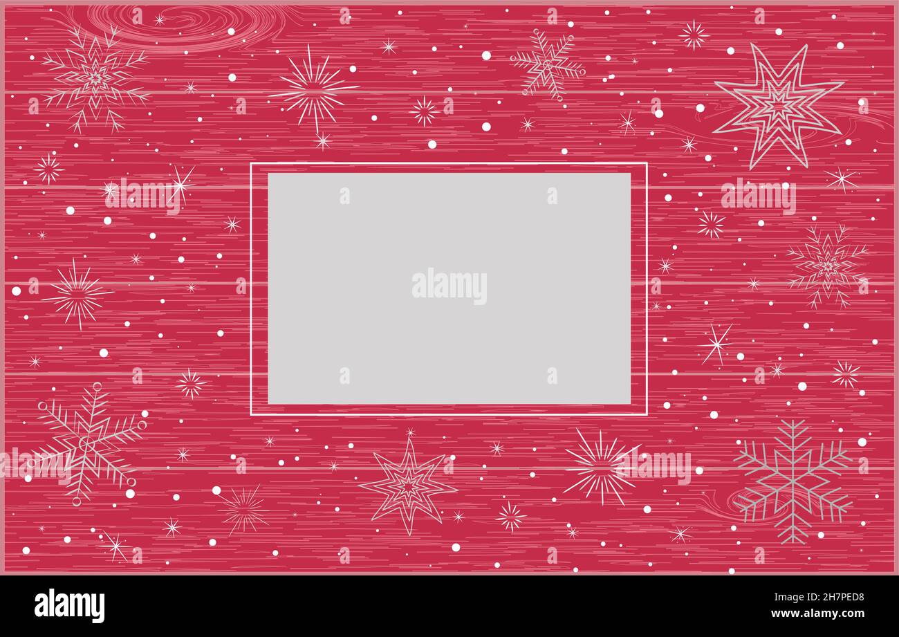 fiocchi di neve bianchi e stelle su sfondo rosso con trama in legno e cornice per l'iscrizione Illustrazione Vettoriale
