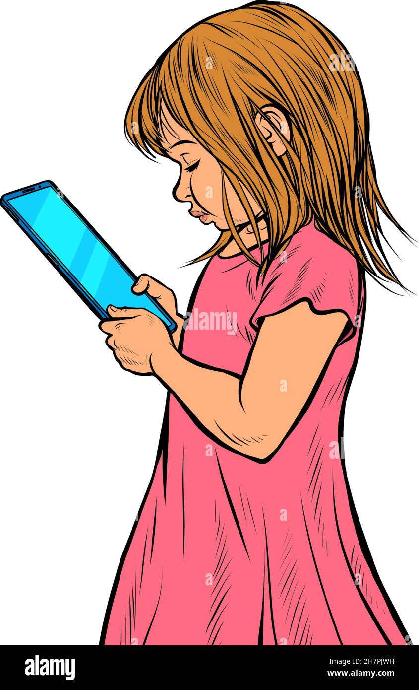 una bambina usa uno smartphone. Gadget elettronici e bambini. Isolare su sfondo bianco Illustrazione Vettoriale
