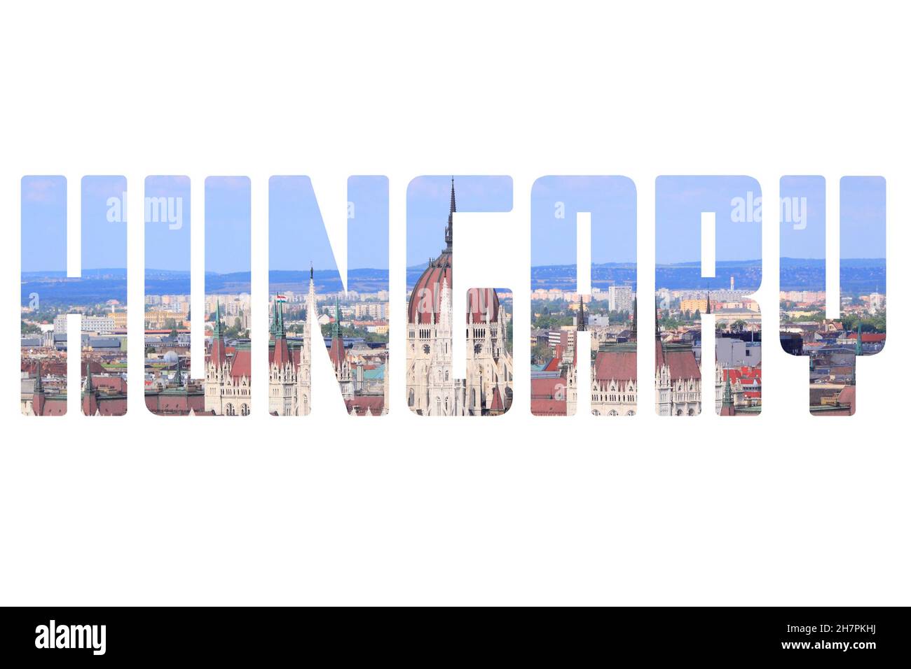 Ungheria segno - nome paese con sfondo foto cartolina viaggio. Budapest città. Foto Stock