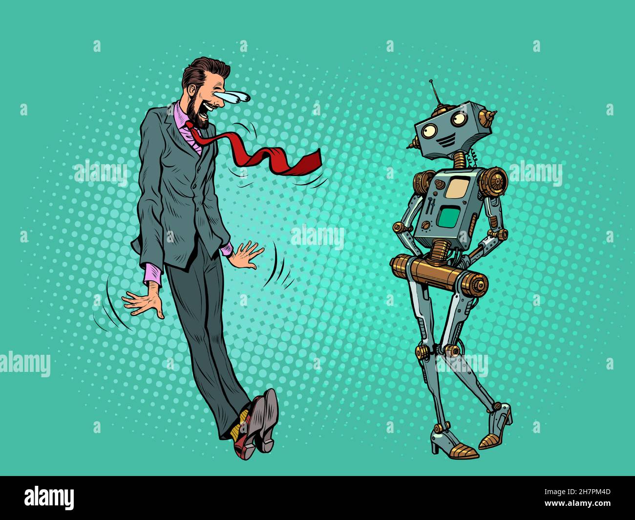 uomo d'affari maschile in una posa shock cartoon, guardando una femmina robot Illustrazione Vettoriale
