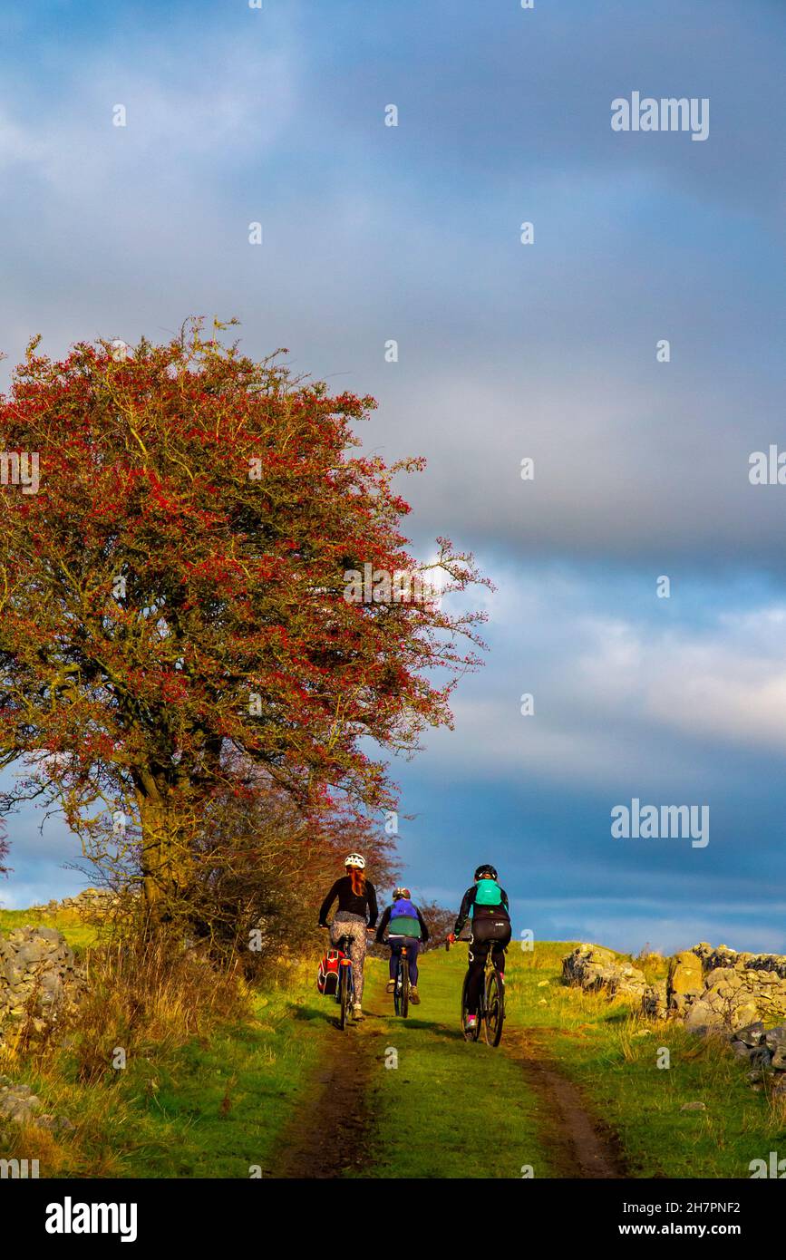 Tre donne in mountain bike a Middleton Moor vicino a Wirksworth vicino all'High Peak Trail nel Derbyshire Dales Peak District Inghilterra UK Foto Stock