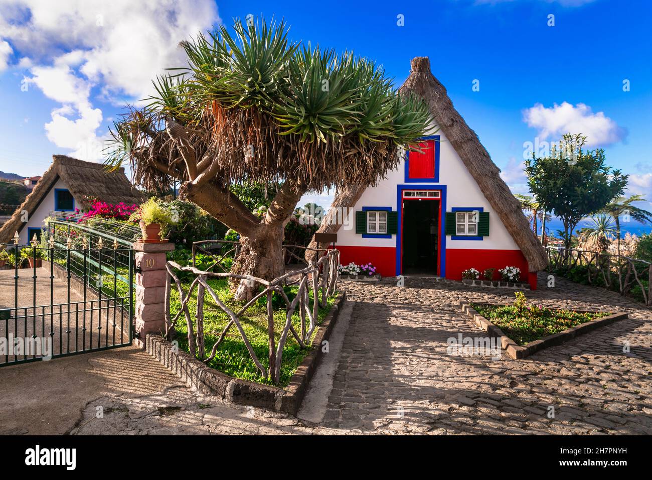 Viaggio sull'isola di Madeira e monumenti. Affascinanti case colorate tradizionali con tetti di paglia nella città di Santana, attrazione turistica popolare in Portogallo Foto Stock