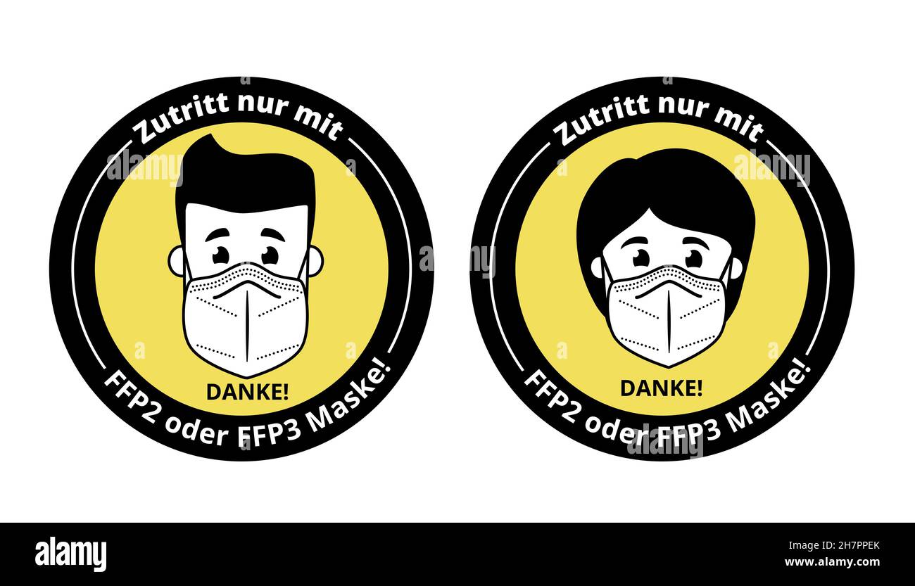 Adesivo o cartello sulla porta dell'edificio in tedesco 'ingresso solo con maschera ffp3 o ffp3! Grazie.' Ci sono maschere sul volto di donne e uomini. Illustrazione Vettoriale