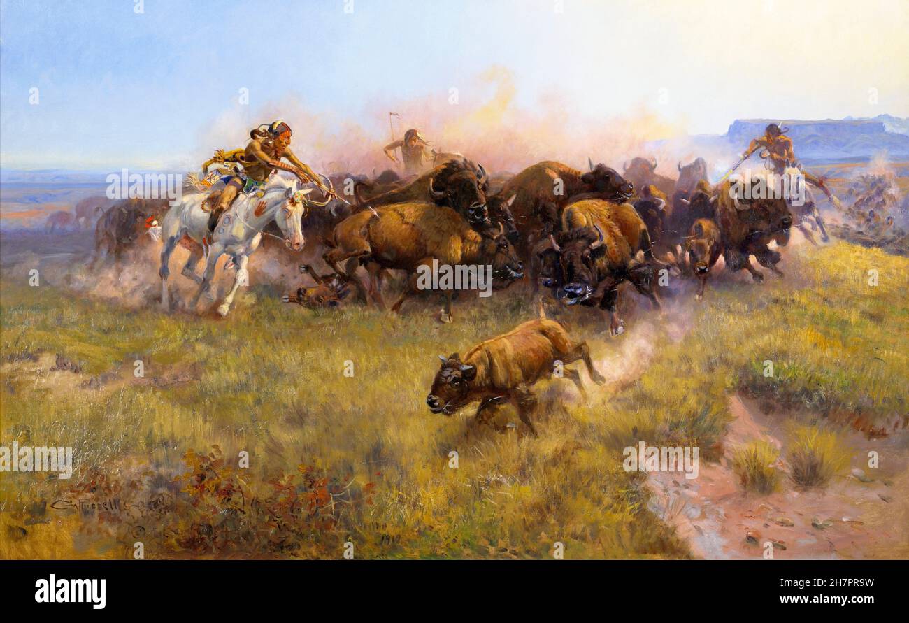 The Buffalo Hunt (No 39) dell'artista americano Charles Marion Russell (1864-1926), olio su tela, 1919 Foto Stock