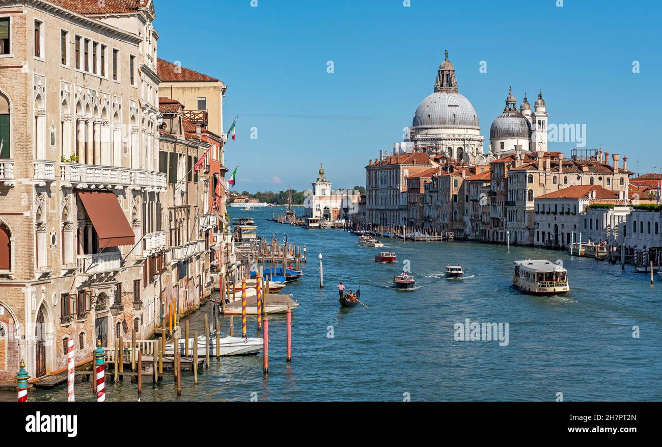 Il Canal Grande e la Basilica di Santa Maria della Salute viste dal Ponte dell'Accademia, Venezia, Italia Foto Stock