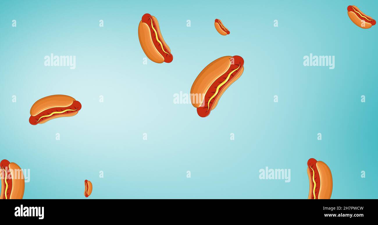Immagine composita digitale di hot dog americani cadenti con salsa di senape su sfondo blu Foto Stock